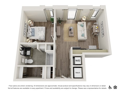 Floor plan for 1 bed, 1 bath, 565 sqft